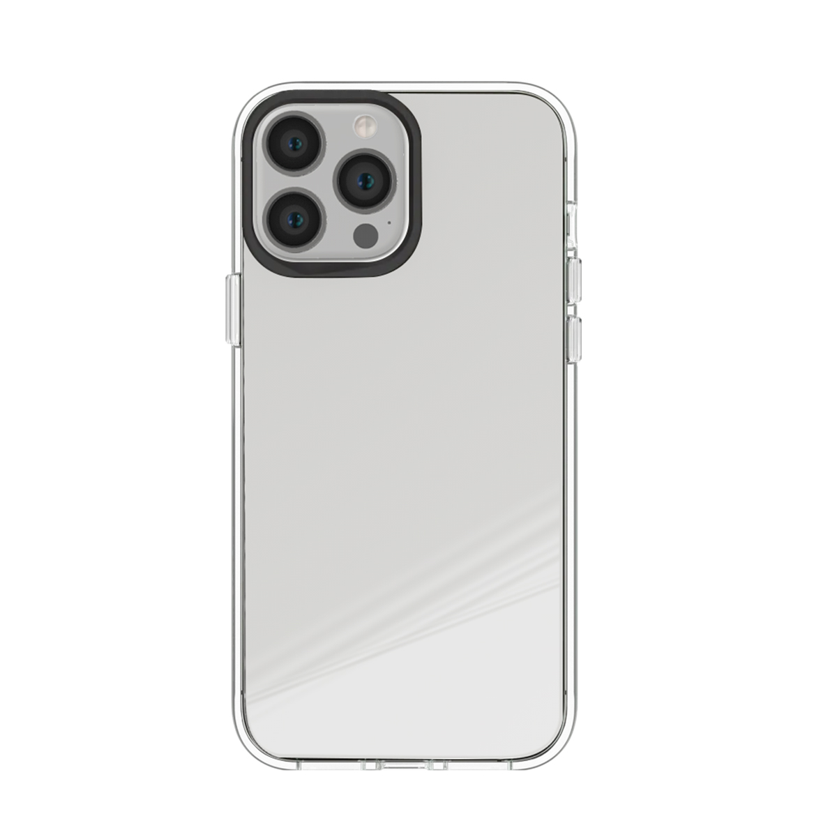Una custodia trasparente per telefono con modulo fotocamera in alto a sinistra.