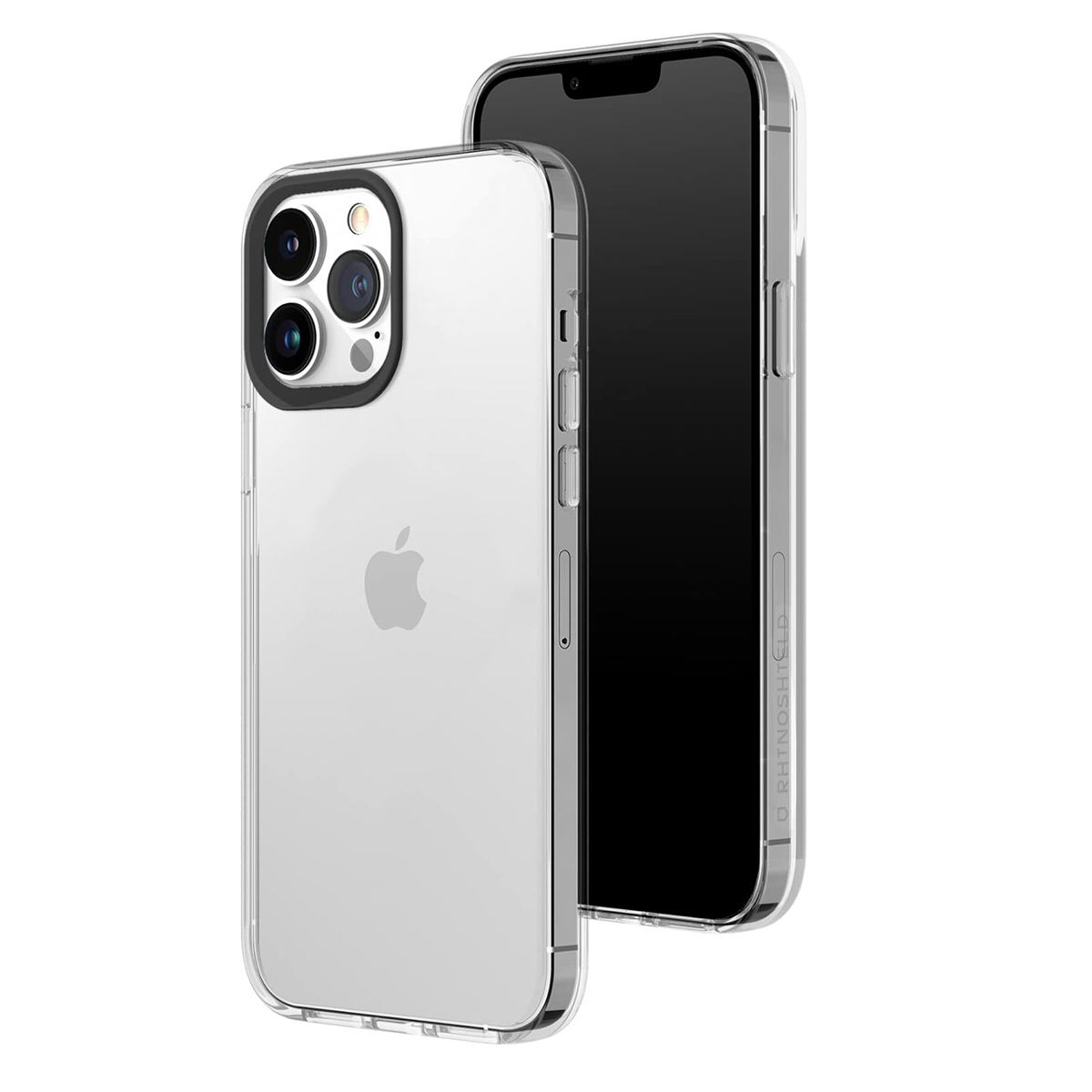 Una cover trasparente per iPhone con logo Apple e tripla fotocamera, accanto a un telefono.