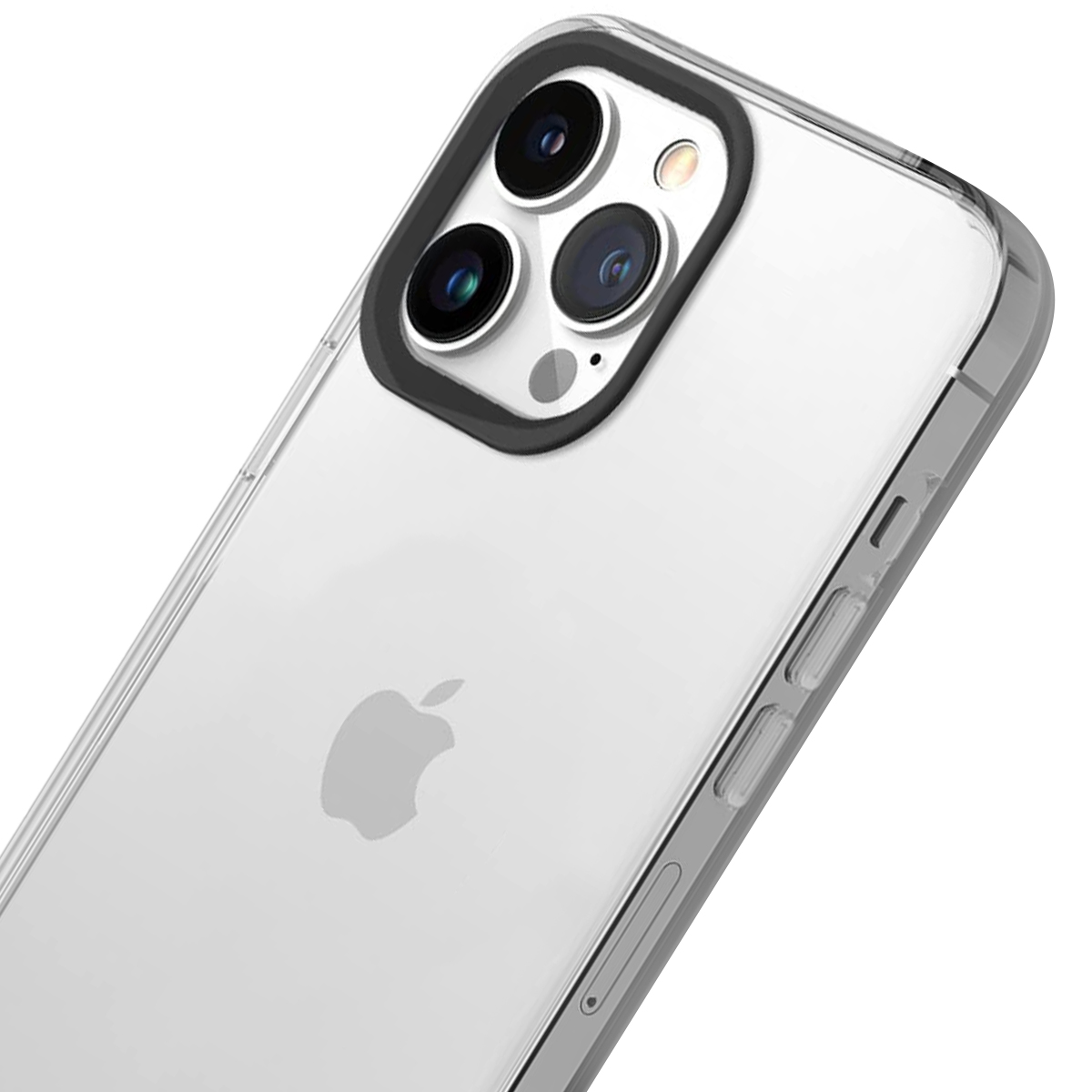 Una custodia trasparente racchiude uno smartphone con tre fotocamere e un logo Apple.