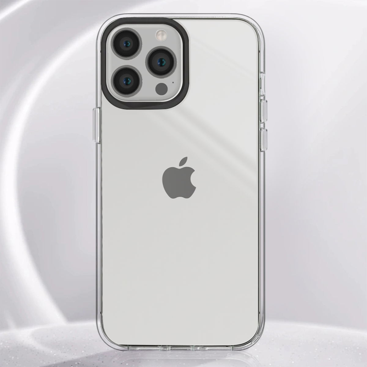 Retro di una custodia trasparente per iPhone con logo Apple e gruppo fotocamere.