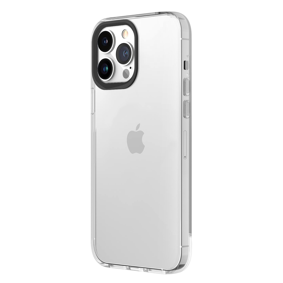 Custodia trasparente con tripla fotocamera e logo Apple su sfondo bianco.