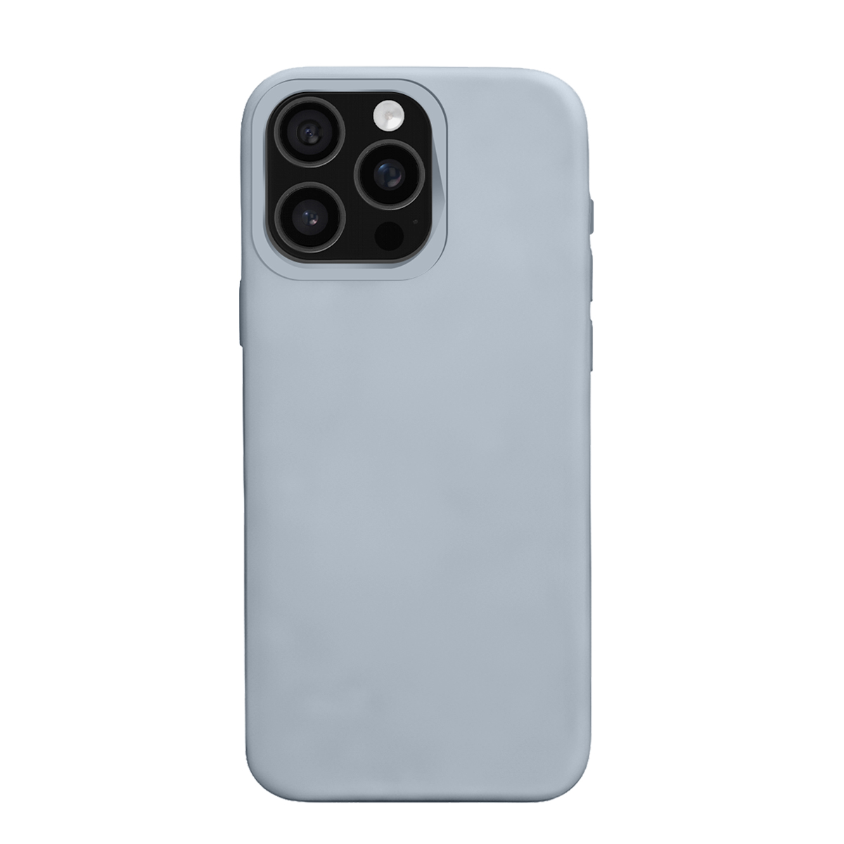 Custodia grigio chiaro per telefono con ritaglio tripla fotocamera, su sfondo bianco.