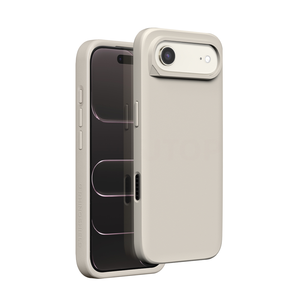 Eine beige Handyhülle wird mit einem Handy darin gezeigt, die Kameraaussparung hervorgehoben.