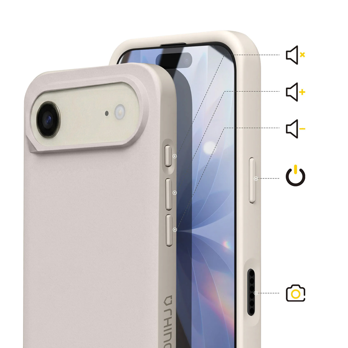 Ein hellbeiges iPhone mit einer Kamera und Lautstärkesymbolen.