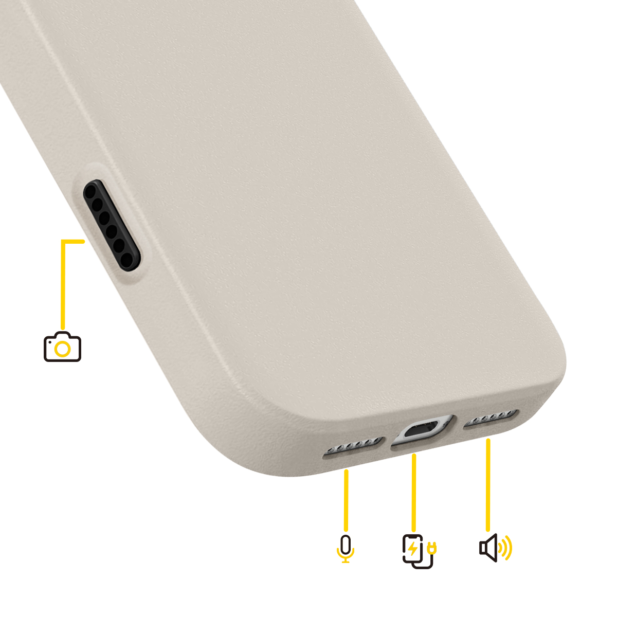 Beige Handyhülle mit sichtbaren Anschlüssen und Symbolen für Kamera, Mikrofon, Laden und Lautsprecher.