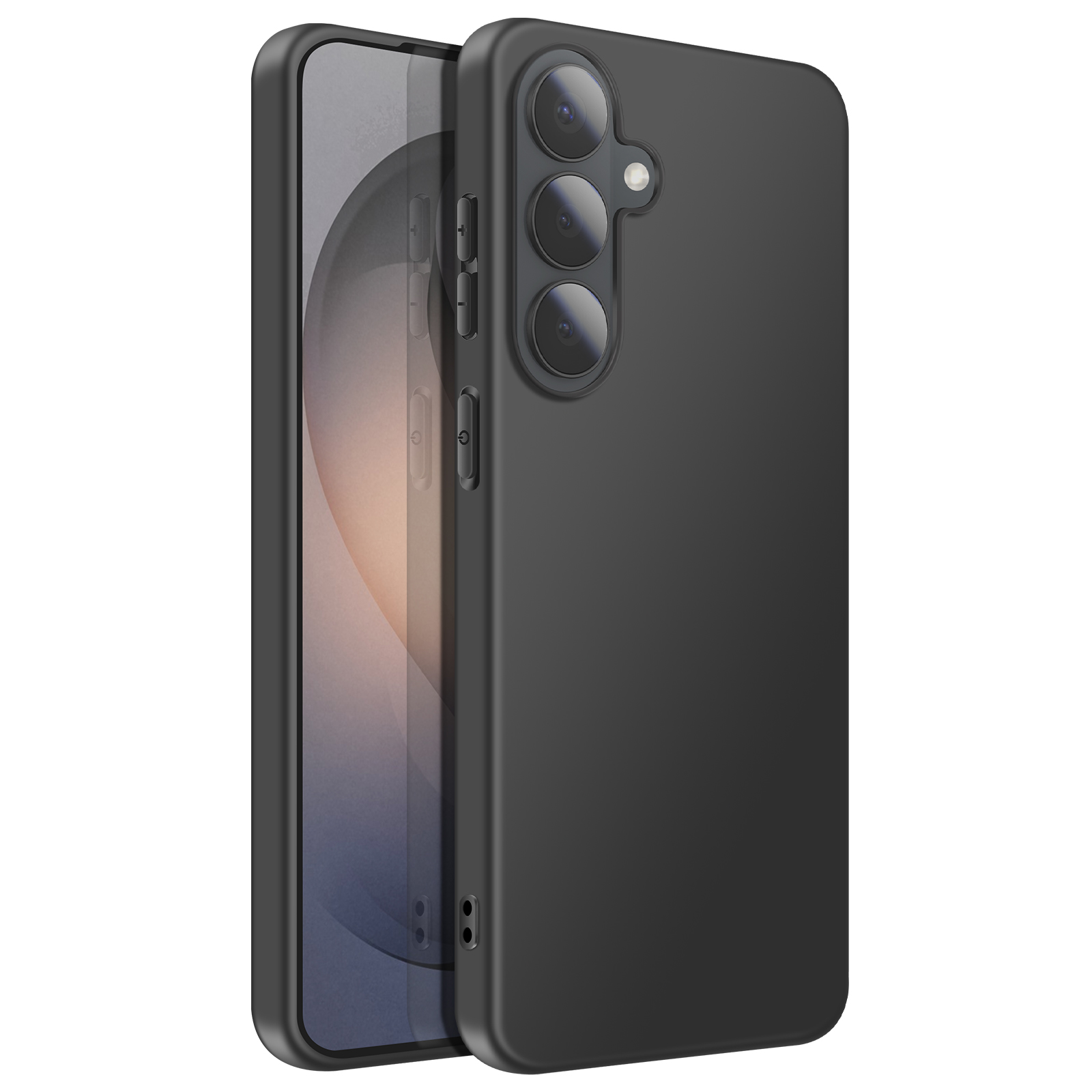 Coque de téléphone noire avec trois objectifs et flash sur fond blanc.