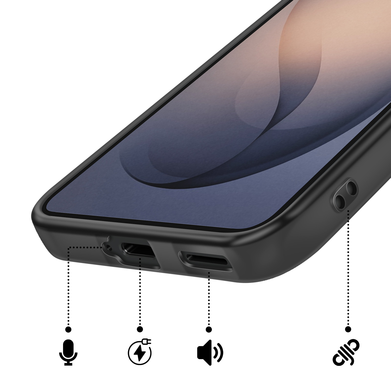 Smartphone noir avec icônes micro, charge et haut-parleur.