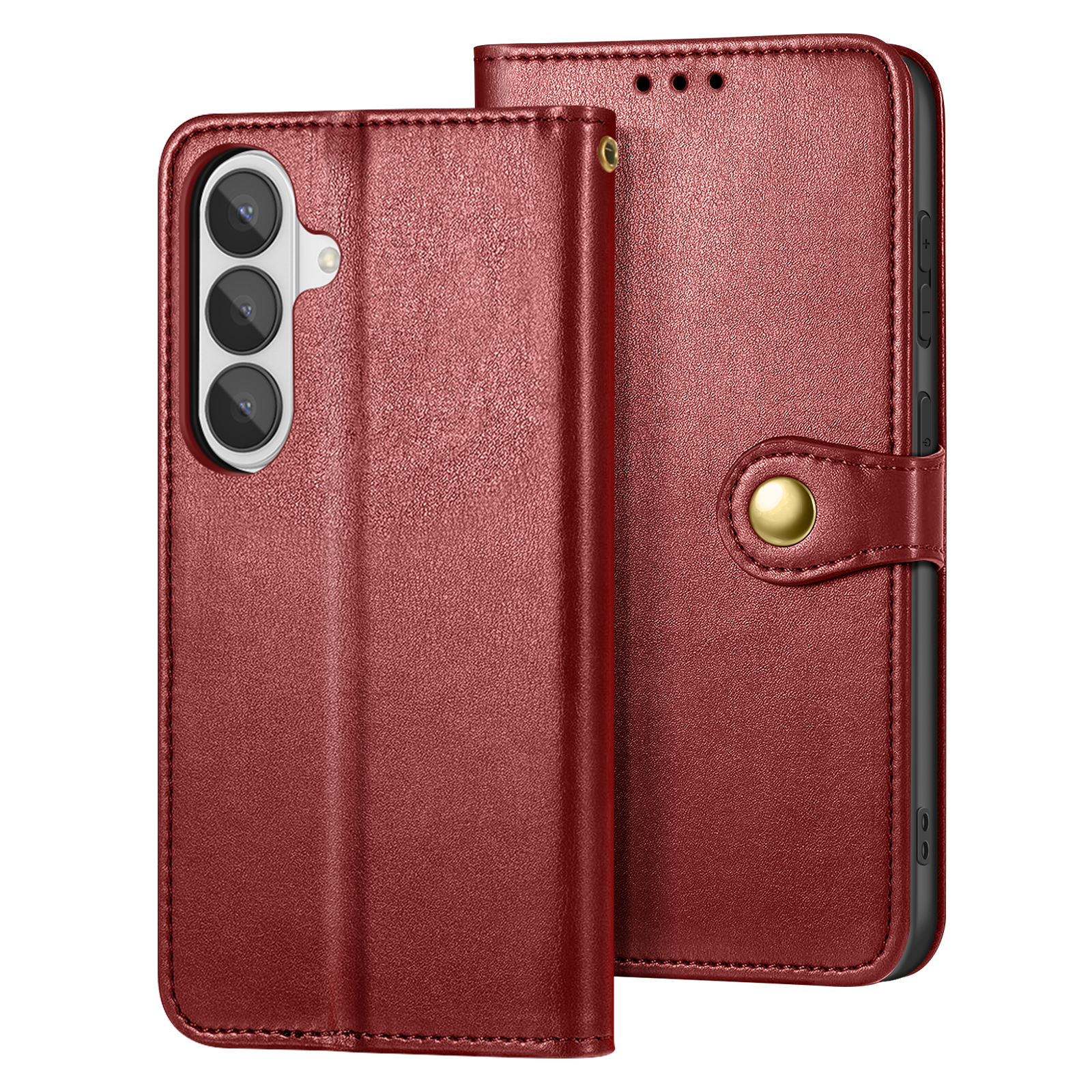 Custodia a portafoglio in pelle rossa per smartphone con tripla fotocamera e chiusura a bottone.