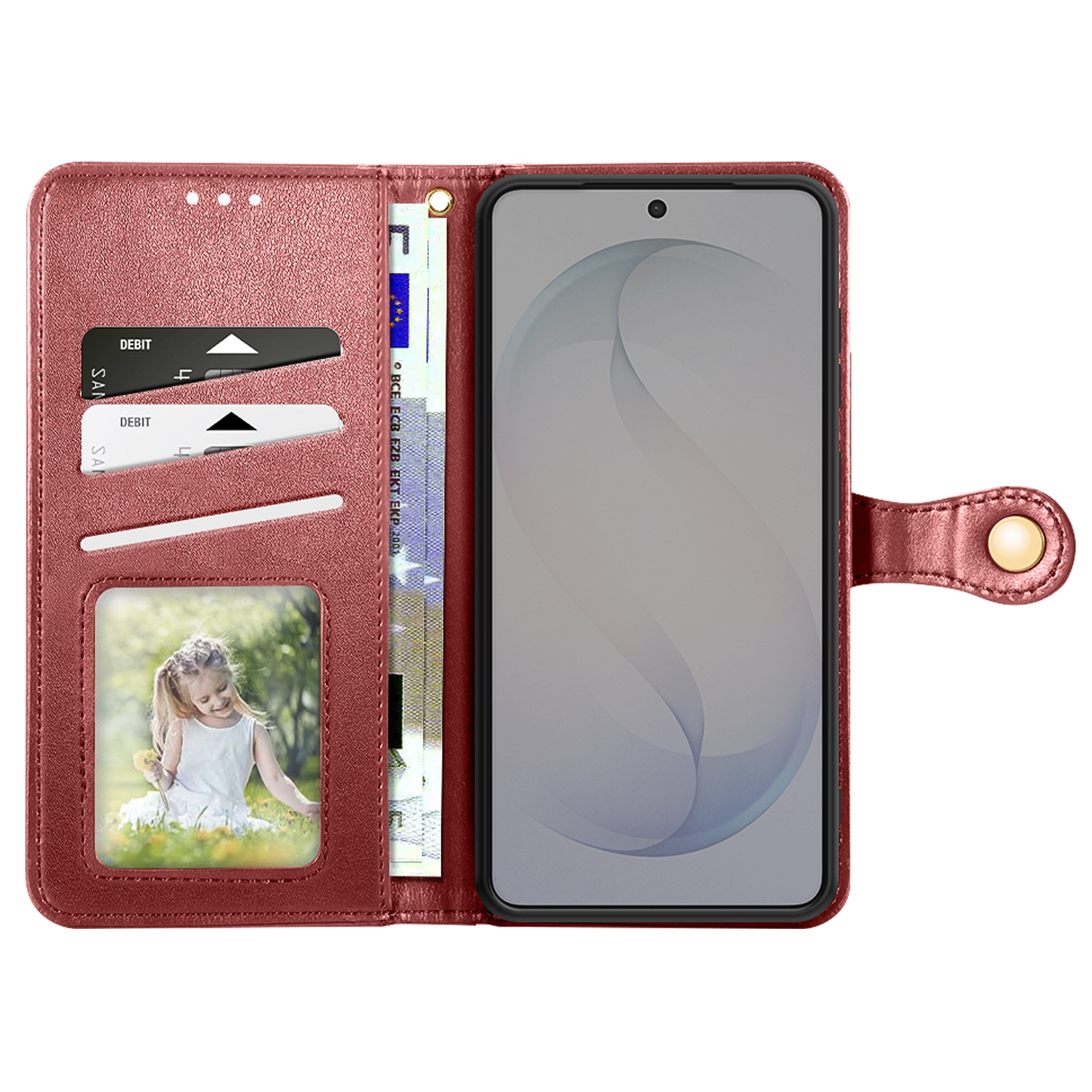 Custodia rossa per telefono con slot per carte, scomparto banconote, slot foto e telefono.
