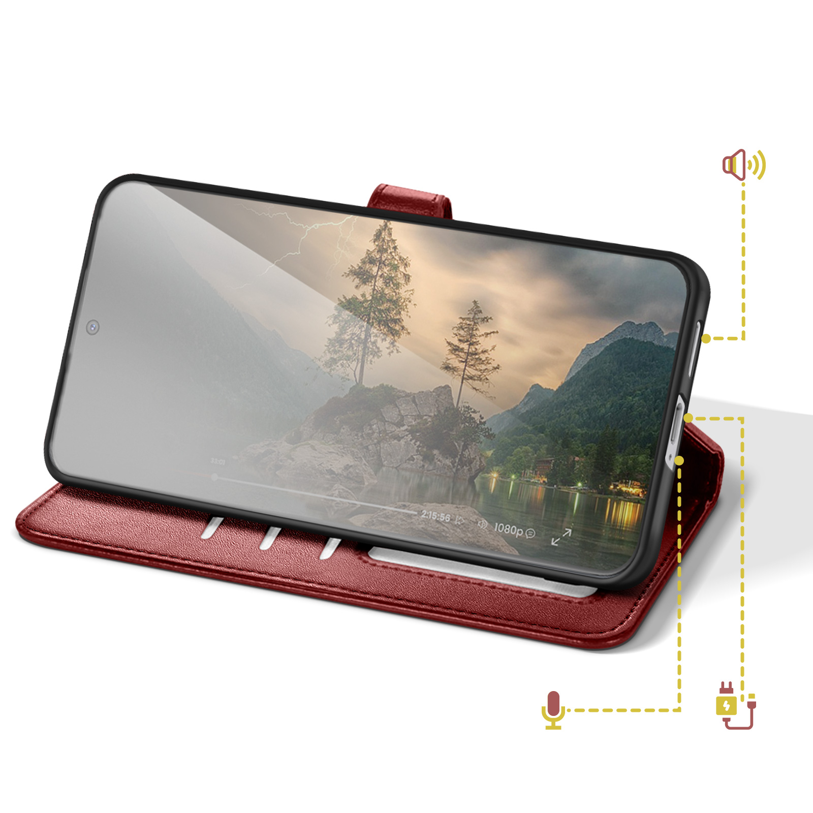 Custodia a libro rossa per smartphone con lago di montagna e fulmini sullo schermo.