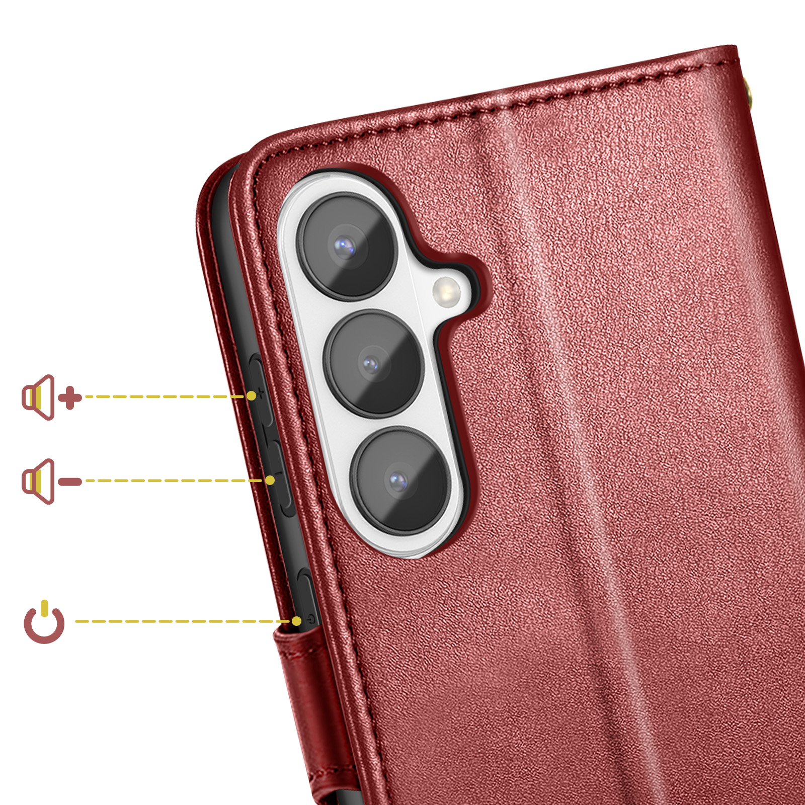 Custodia rossa per telefono con tre obiettivi della fotocamera, pulsanti volume e accensione.
