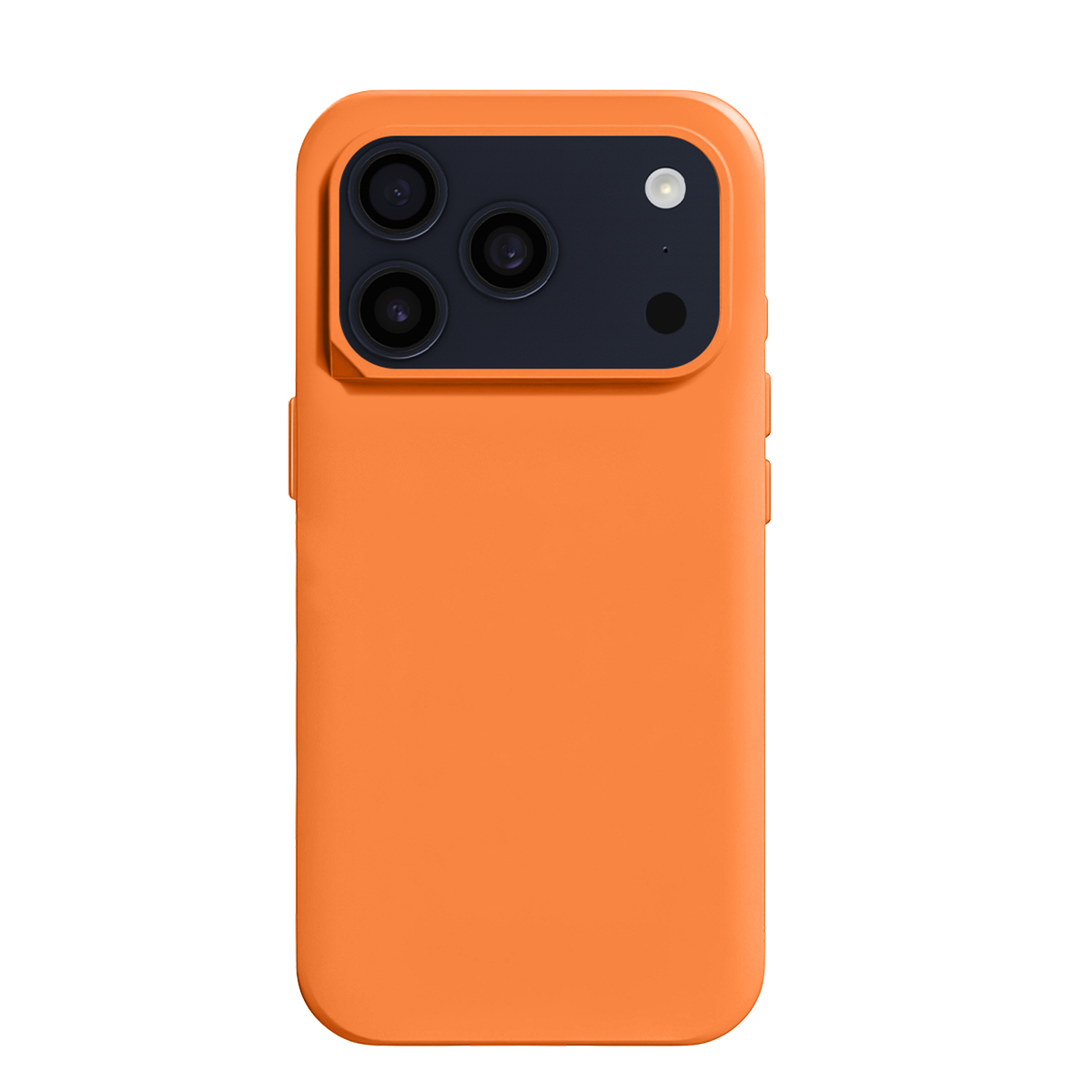 Eine orangefarbene Handyhülle mit drei Kameralinsen und Blitz.