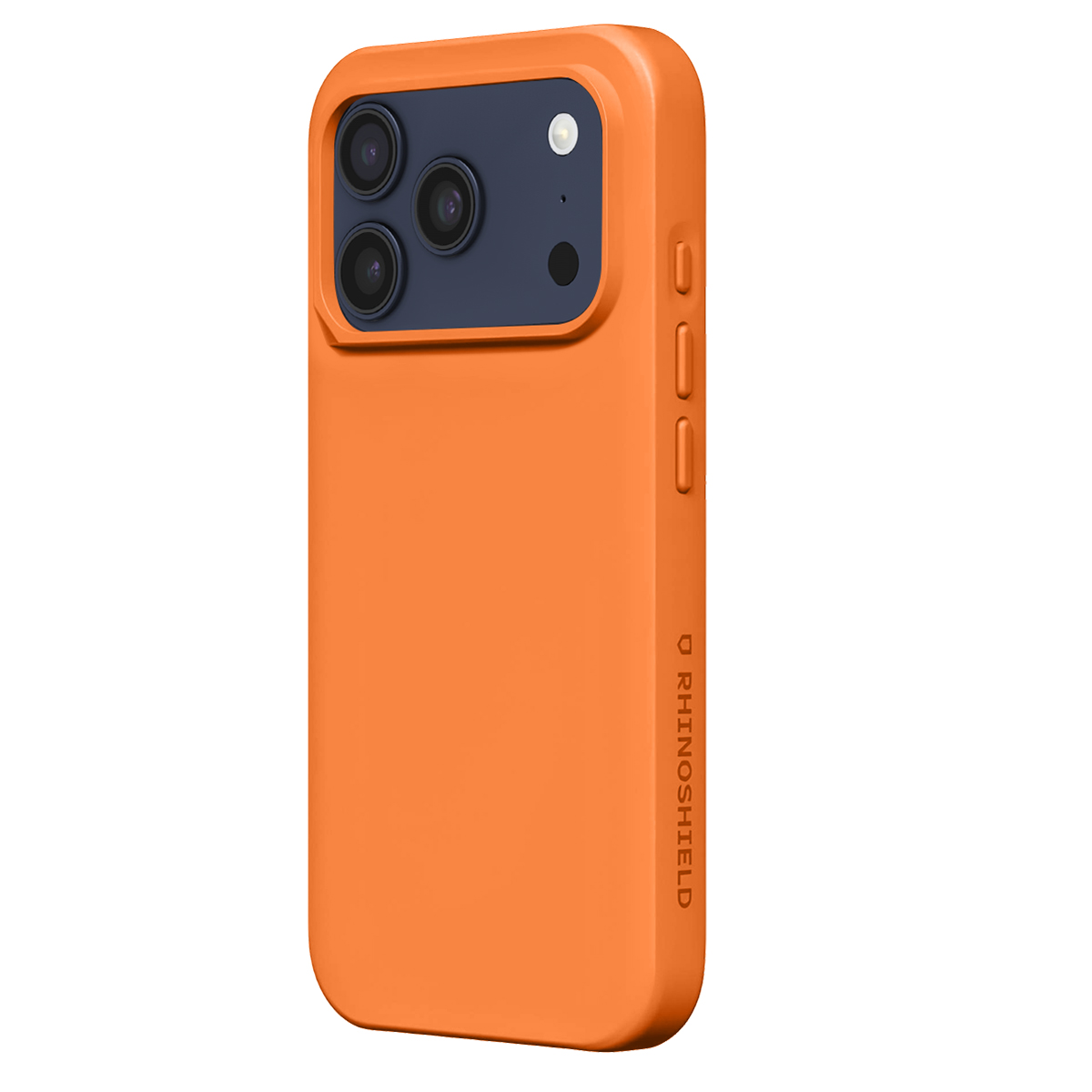 Orange Handyhülle mit drei Kameras und blauem Akzent.