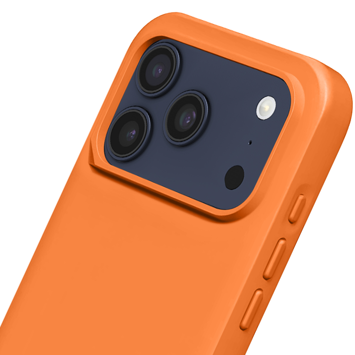 Orange Hülle mit dreifacher Kameralinse und Blitz auf weißem Hintergrund.