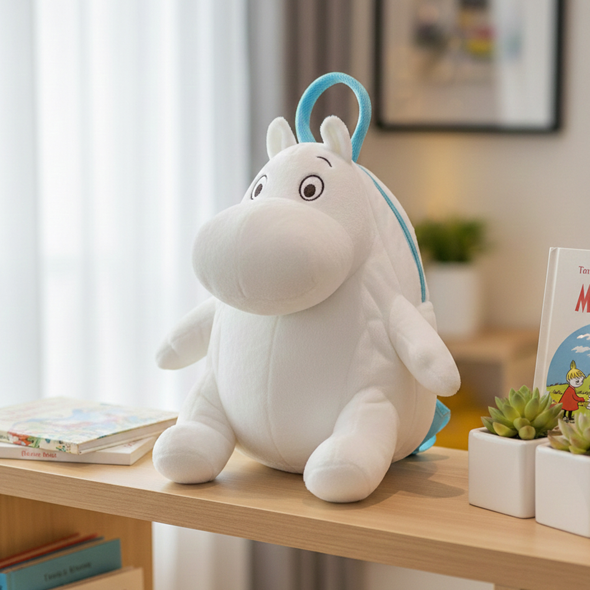 Ein weißer Mumin-Rucksack mit blauer Schlaufe sitzt auf einem Regal neben Büchern und Pflanzen.