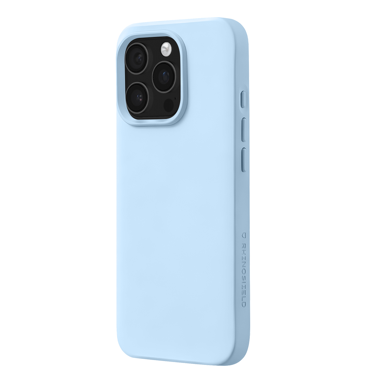 Una custodia per telefono azzurra con tre obiettivi della fotocamera e un flash sul retro.