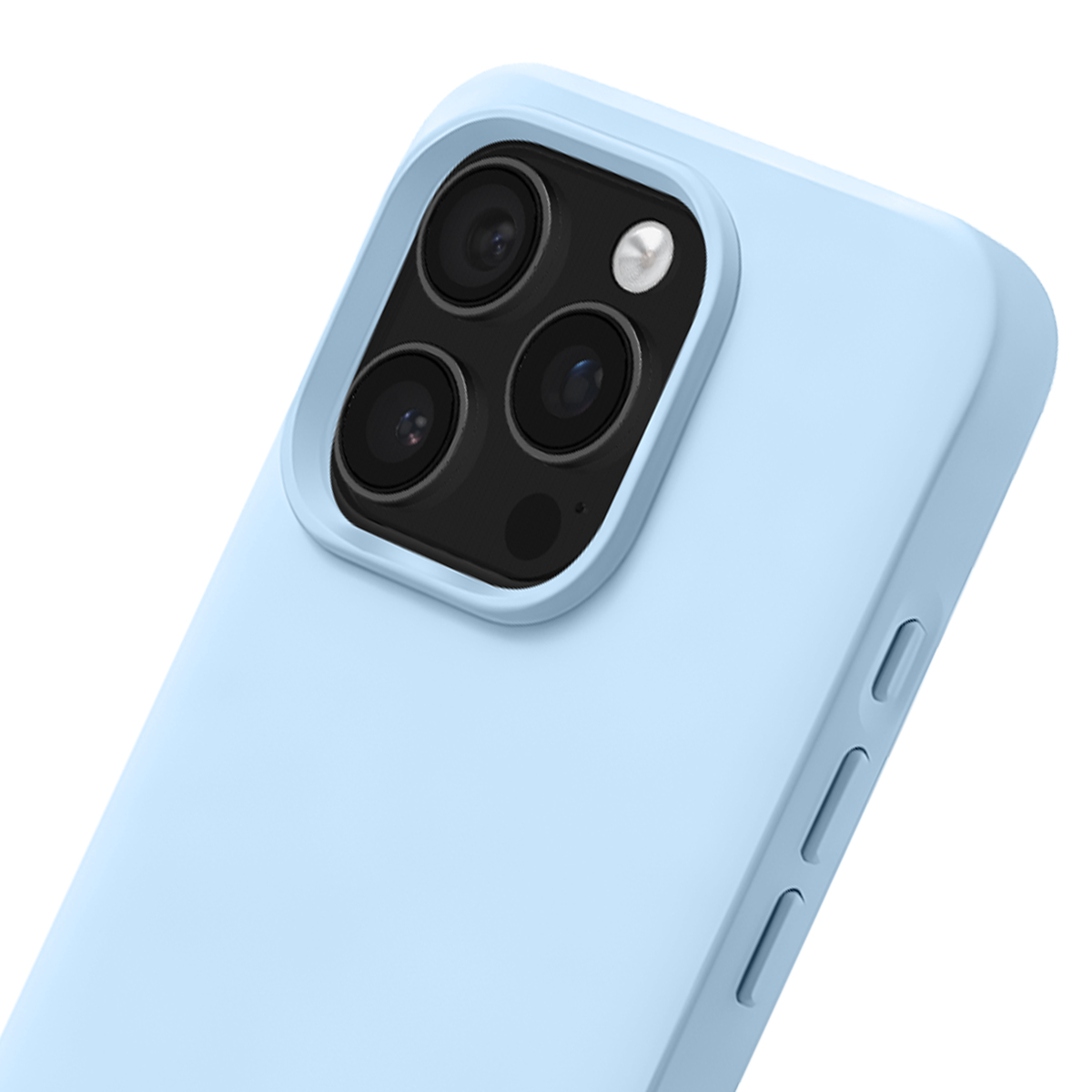 Una custodia per telefono azzurra con un sistema a tripla fotocamera e pulsanti del volume.