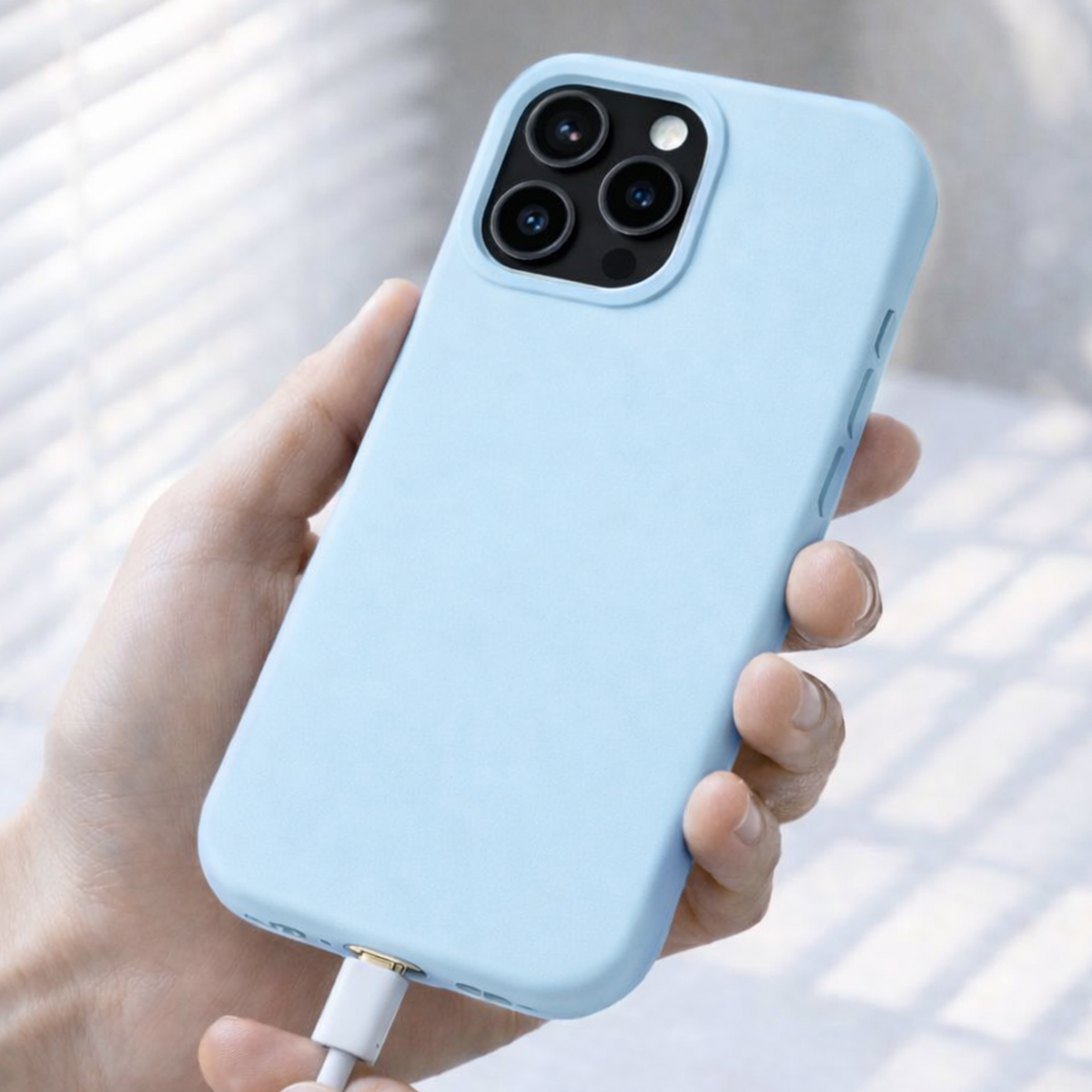 Una mano tiene un iPhone azzurro con unità fotocamera e cavo di ricarica.