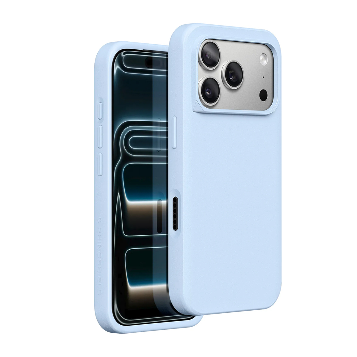 Un iPhone azzurro con una cover abbinata che copre le sue fotocamere.