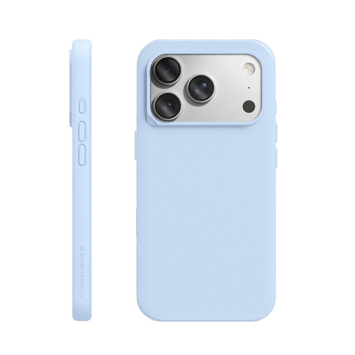 Una cover per telefono azzurra con tre obiettivi e un flash.