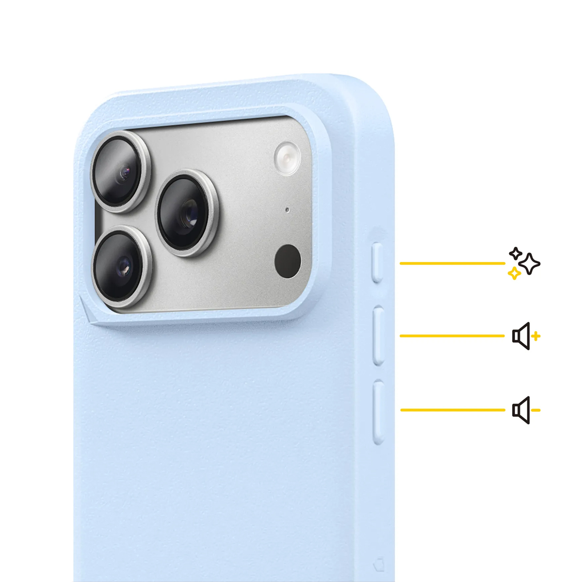 Lenti fotocamera posteriori di un telefono azzurro con icone di brillantezza e volume.