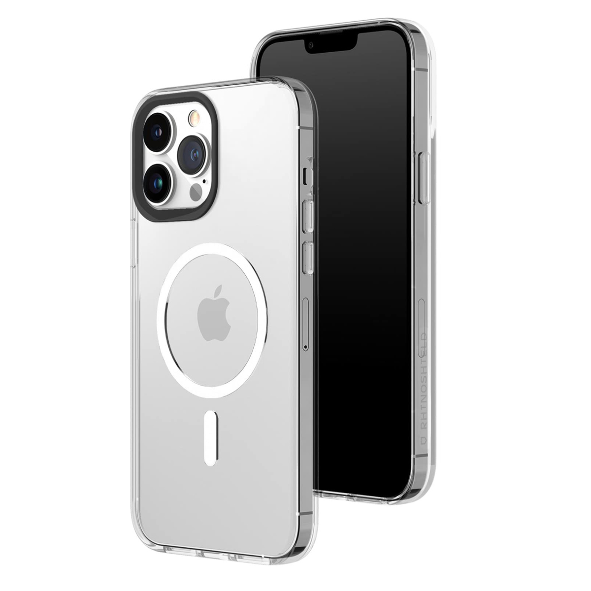 Ein durchsichtiges iPhone-Gehäuse mit Apple-Logo und Kameraobjektiven.