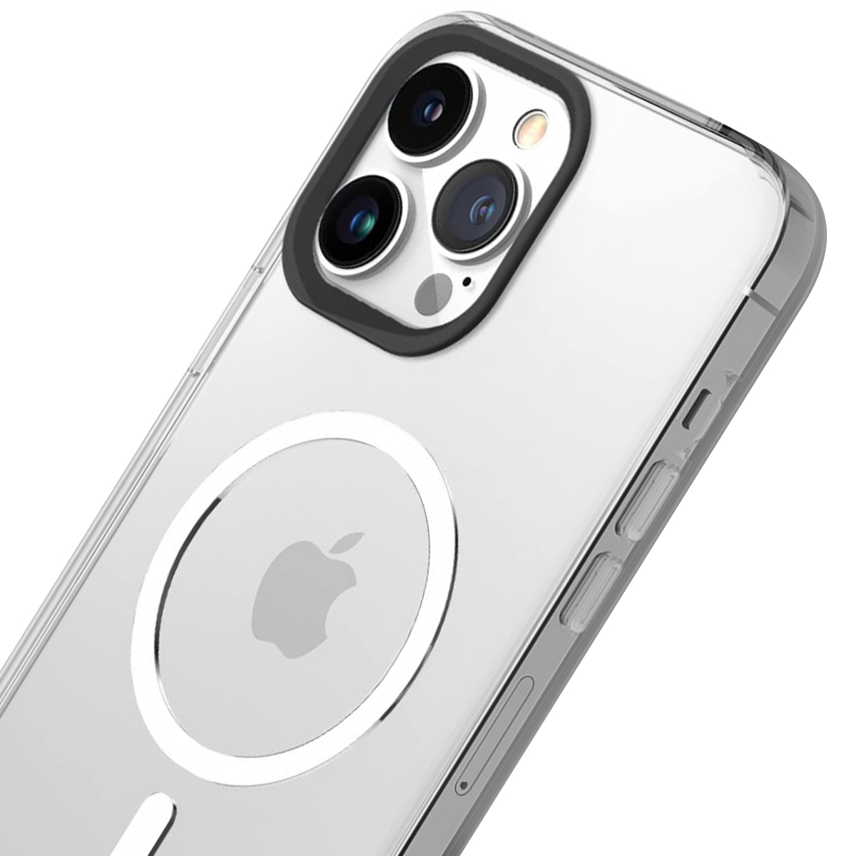 Klare Handyhülle mit MagSafe-Ring und drei Kameralinsen.