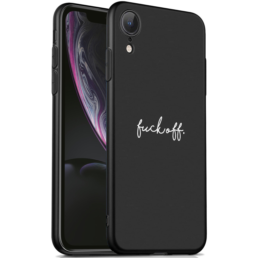 Coque de téléphone noire avec "fuckoff." écrit en blanc.