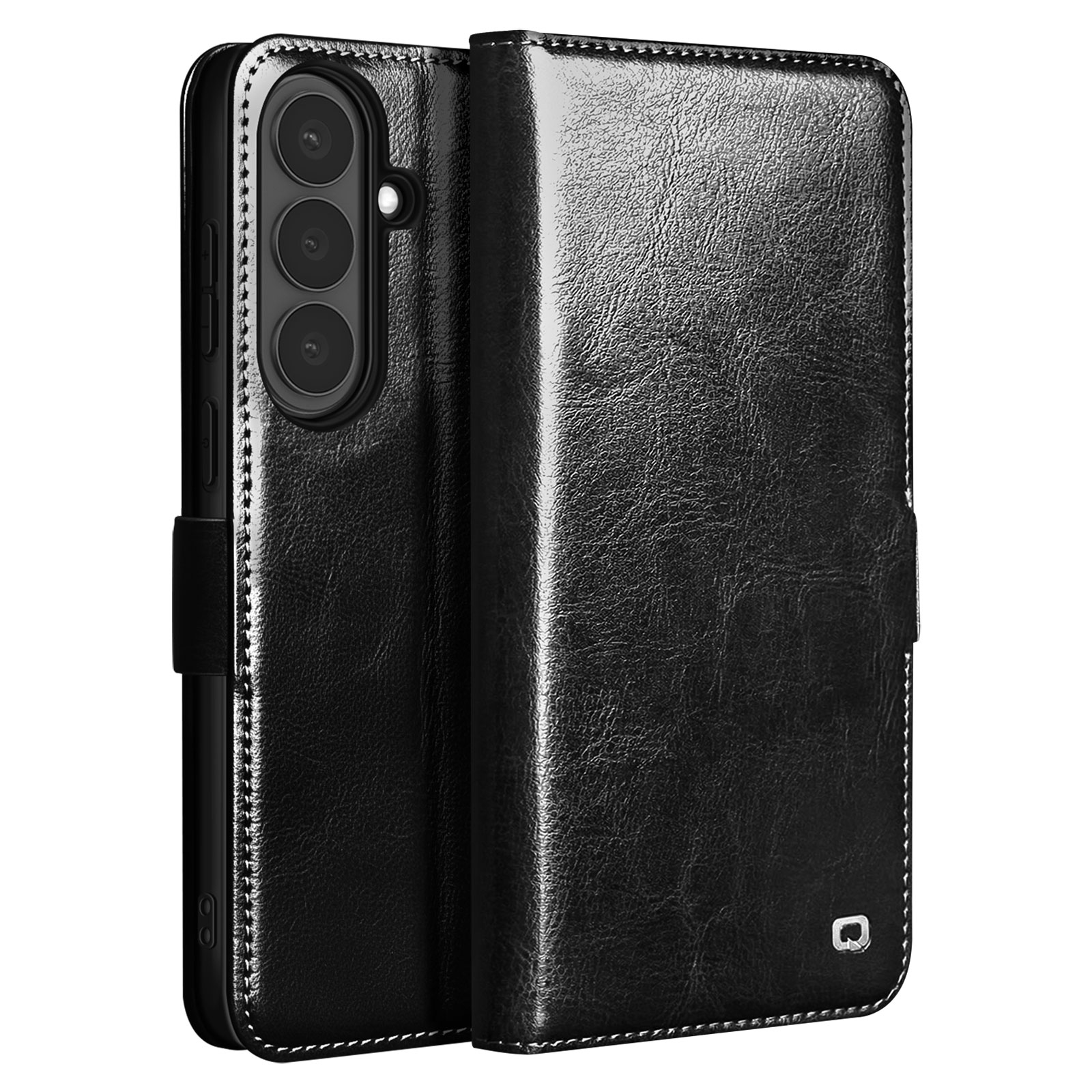 Custodia a libro in pelle nera per smartphone, con tre obiettivi.