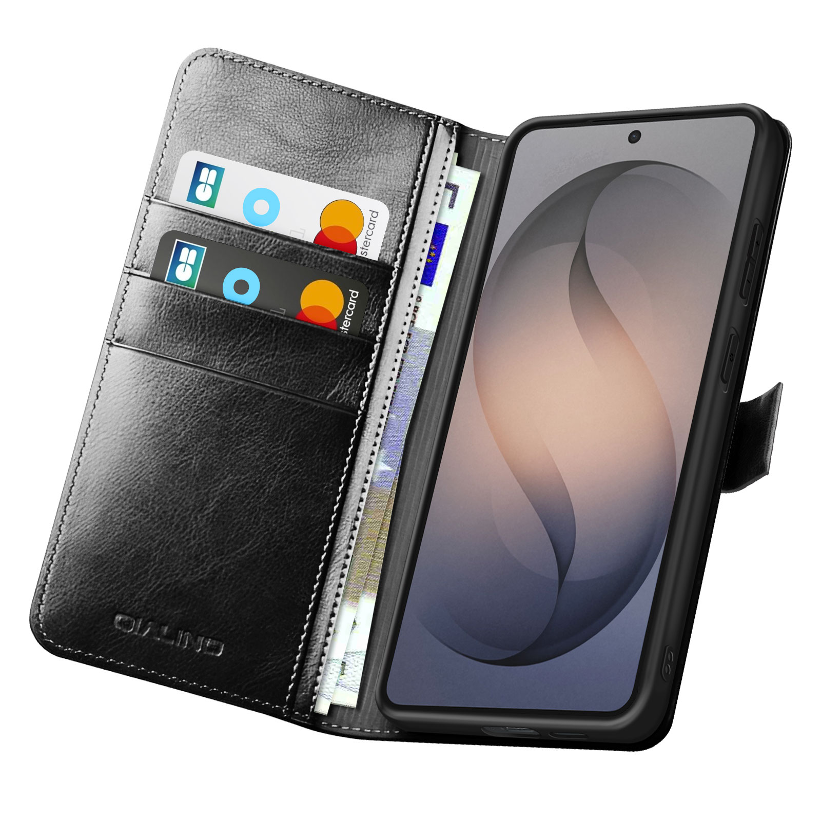Custodia a portafoglio in pelle nera con telefono, due carte e banconote.