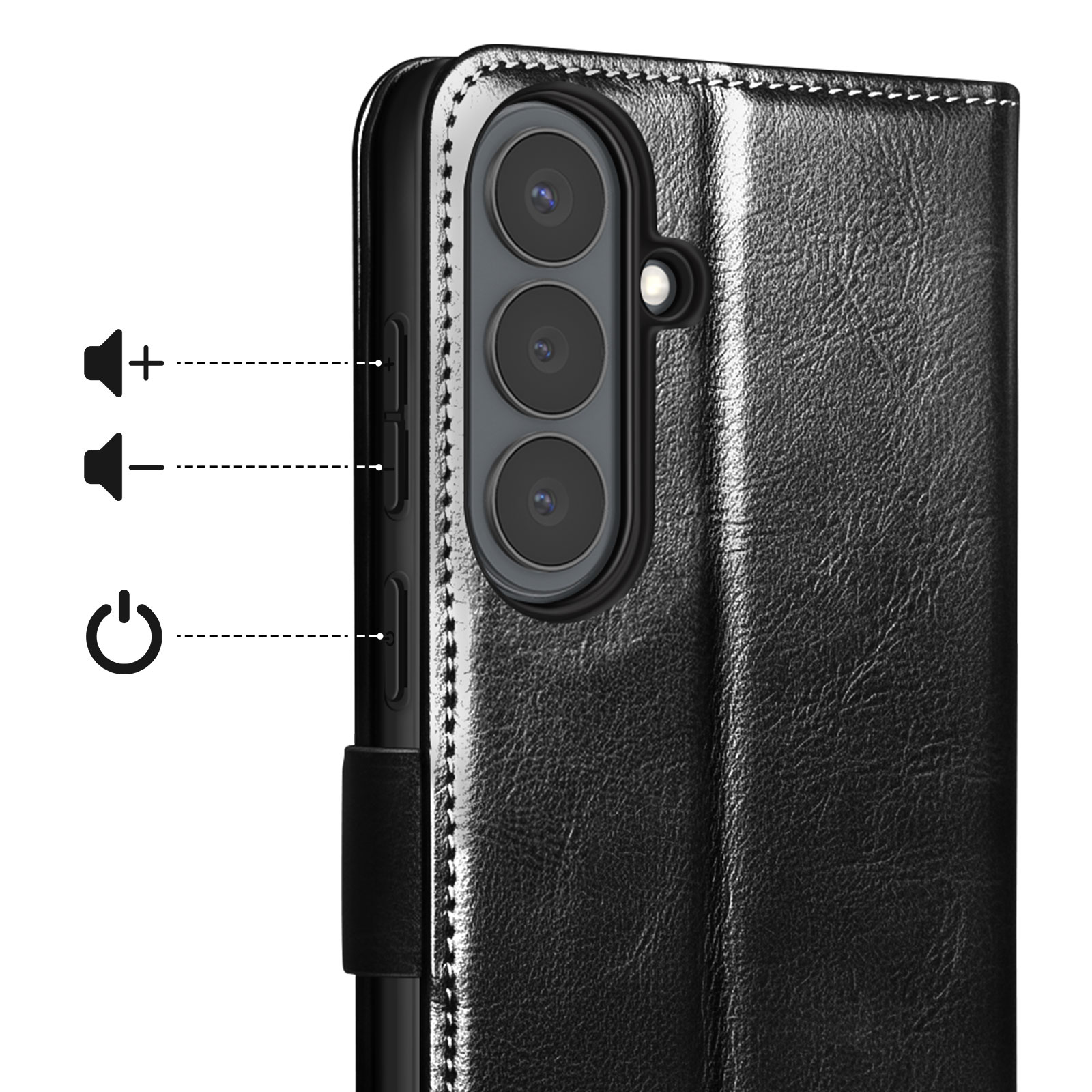 Custodia nera per telefono con fotocamere, volume e pulsanti accensione.