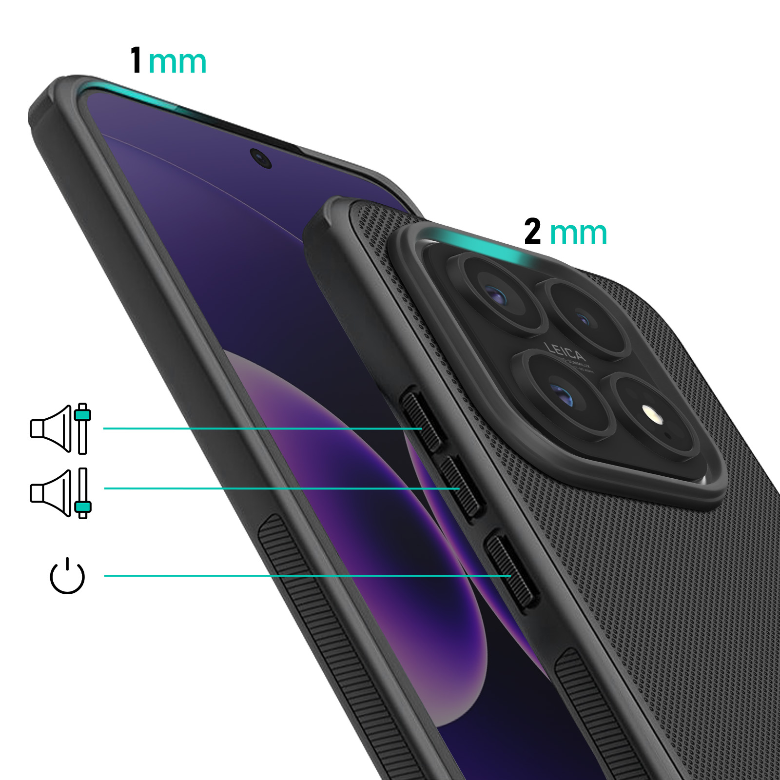 Close-up van een zwarte telefoonhoes met camera en knoppen.