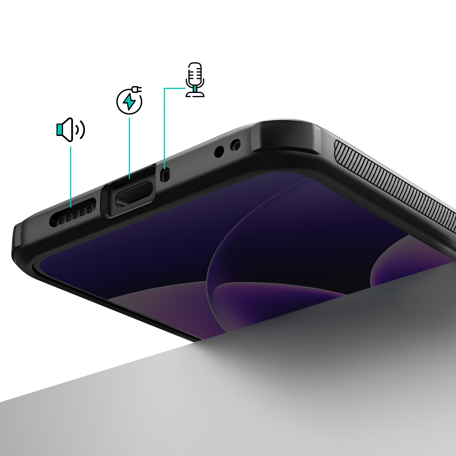Close-up van de onderkant van een zwarte smartphone met luidspreker, oplaadpoort en microfoon-iconen.