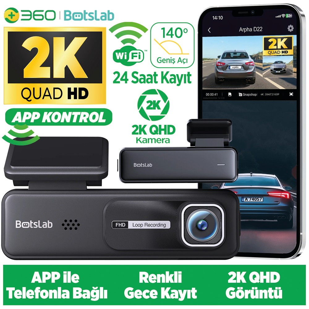 Botslab 2K Quad HD araç kamerası, 140° geniş açı, 24 saat kayıt, uygulama kontrolü.
