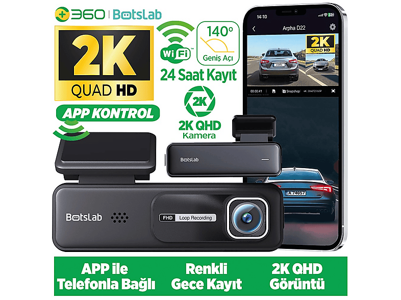 360+ BOTSLAB 360 Botslab HK30 Pro 2K QHD Wi-Fi 140° Geniş Açı Gece Görüşlü Akıllı Araç İçi Kamera