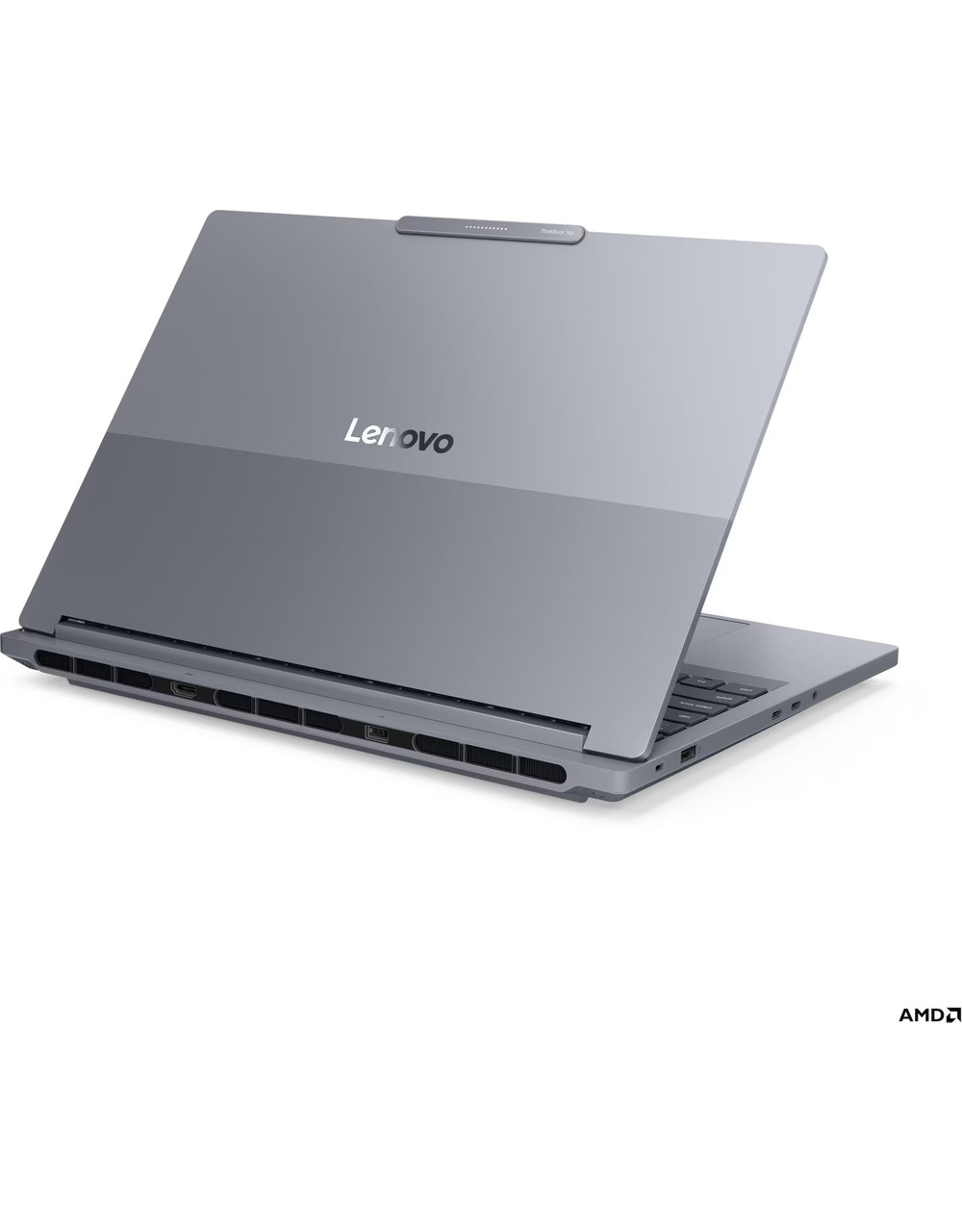 Gri Lenovo dizüstü bilgisayar açık kapaklı, havalandırma delikleri ve portları görünüyor.