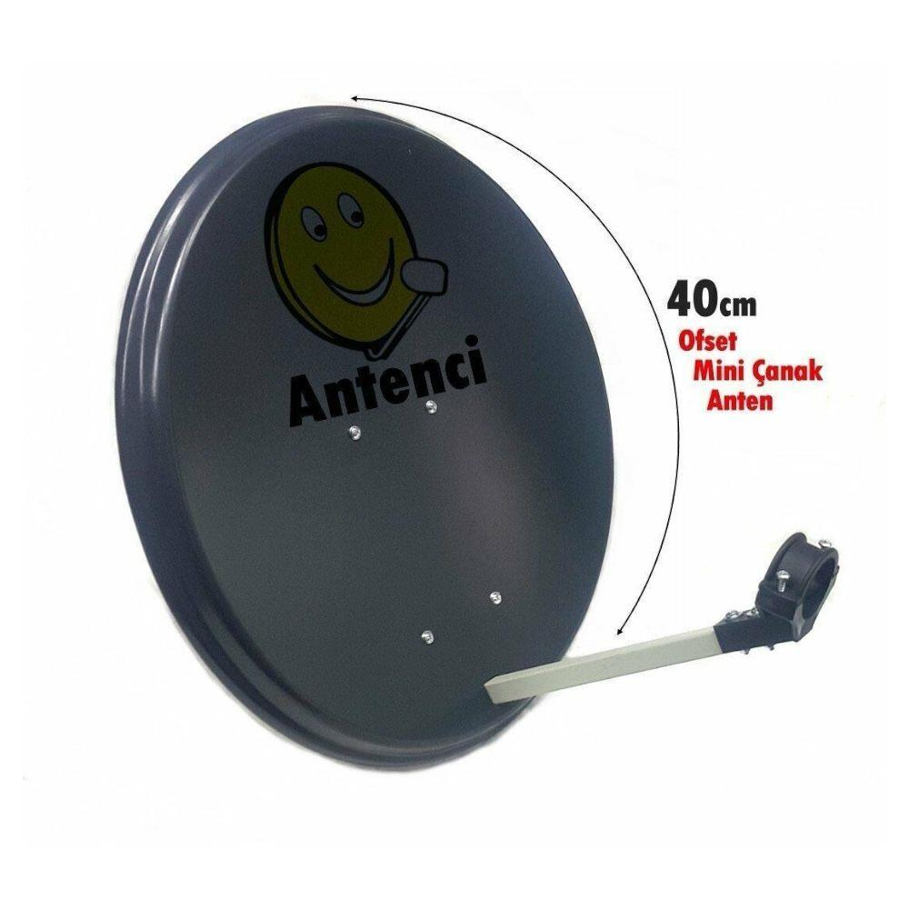 Sarı gülen yüzlü gri ofset çanak anten ve metin.