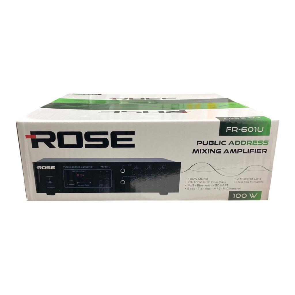 Rose FR-601U miks amplifikatörünün ön panel ve özelliklere sahip kutusu.