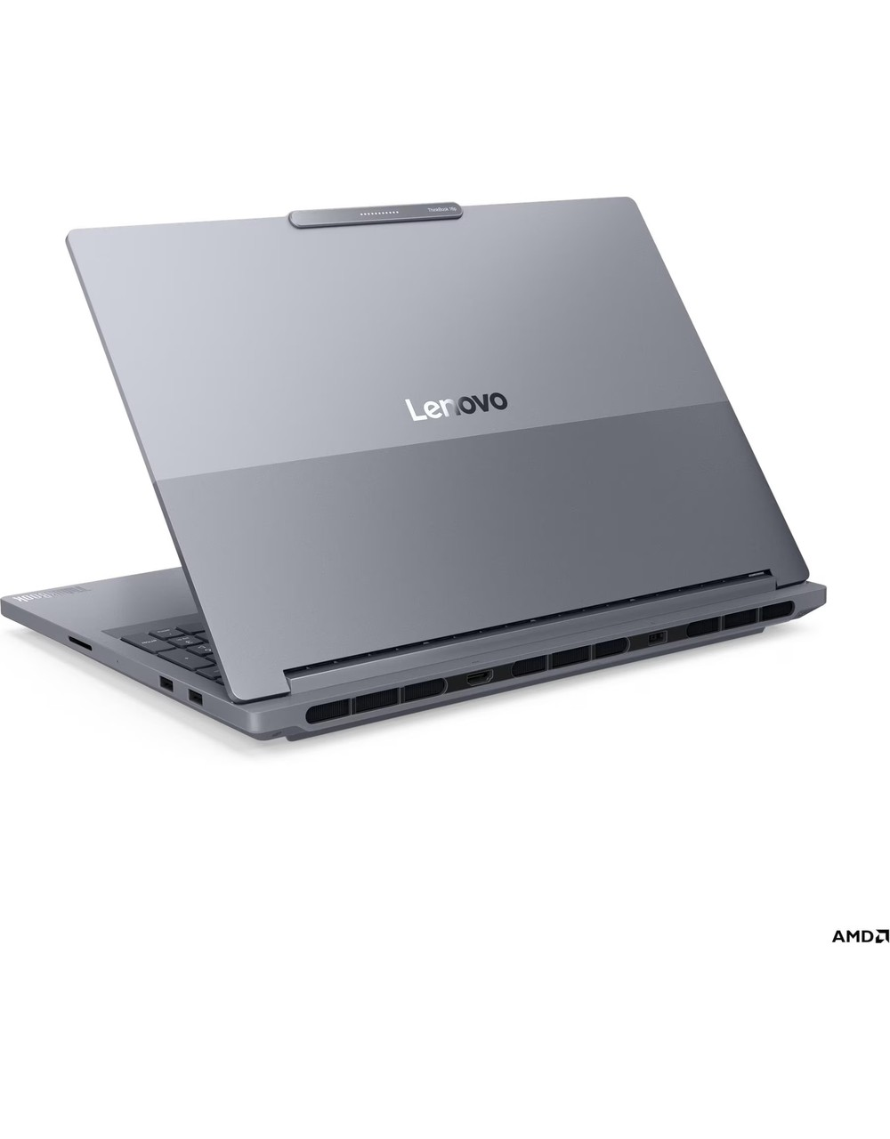 Gri bir Lenovo dizüstü bilgisayar açık, klavyesi ve bağlantı noktaları görünüyor. Lenovo logosu görünür.