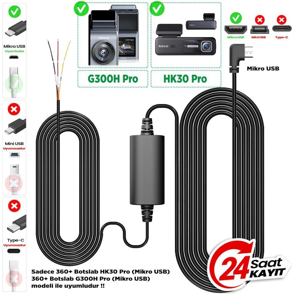 İki araç kamerası, G300H Pro ve HK30 Pro, mikro USB kabloları ve aksesuarları.