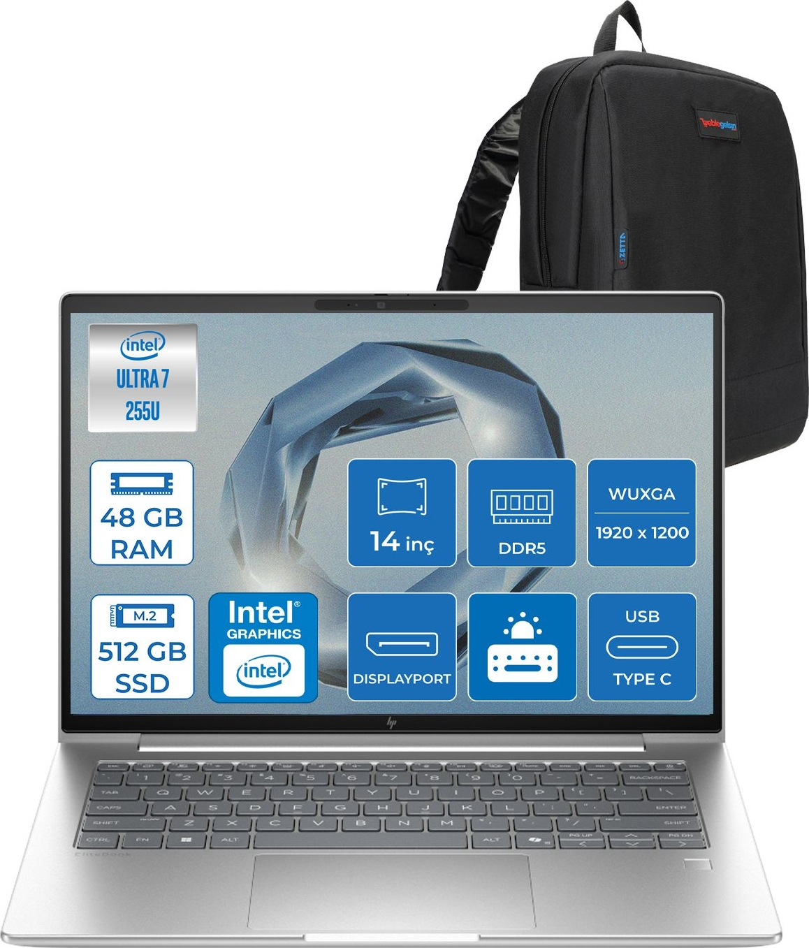 HP EliteBook 6 G1I 1920x1200 C9XW2ETF12 Intel Core Ultra 7 255U 48 GB RAM 512 GB SSD 14 inç FreeDOS Laptop+Çanta Siyah