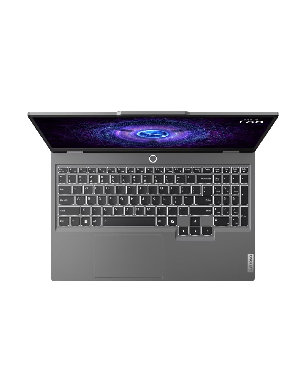 Klavyesi ve aydınlatmalı ekranı olan açık gri Lenovo dizüstü bilgisayar.