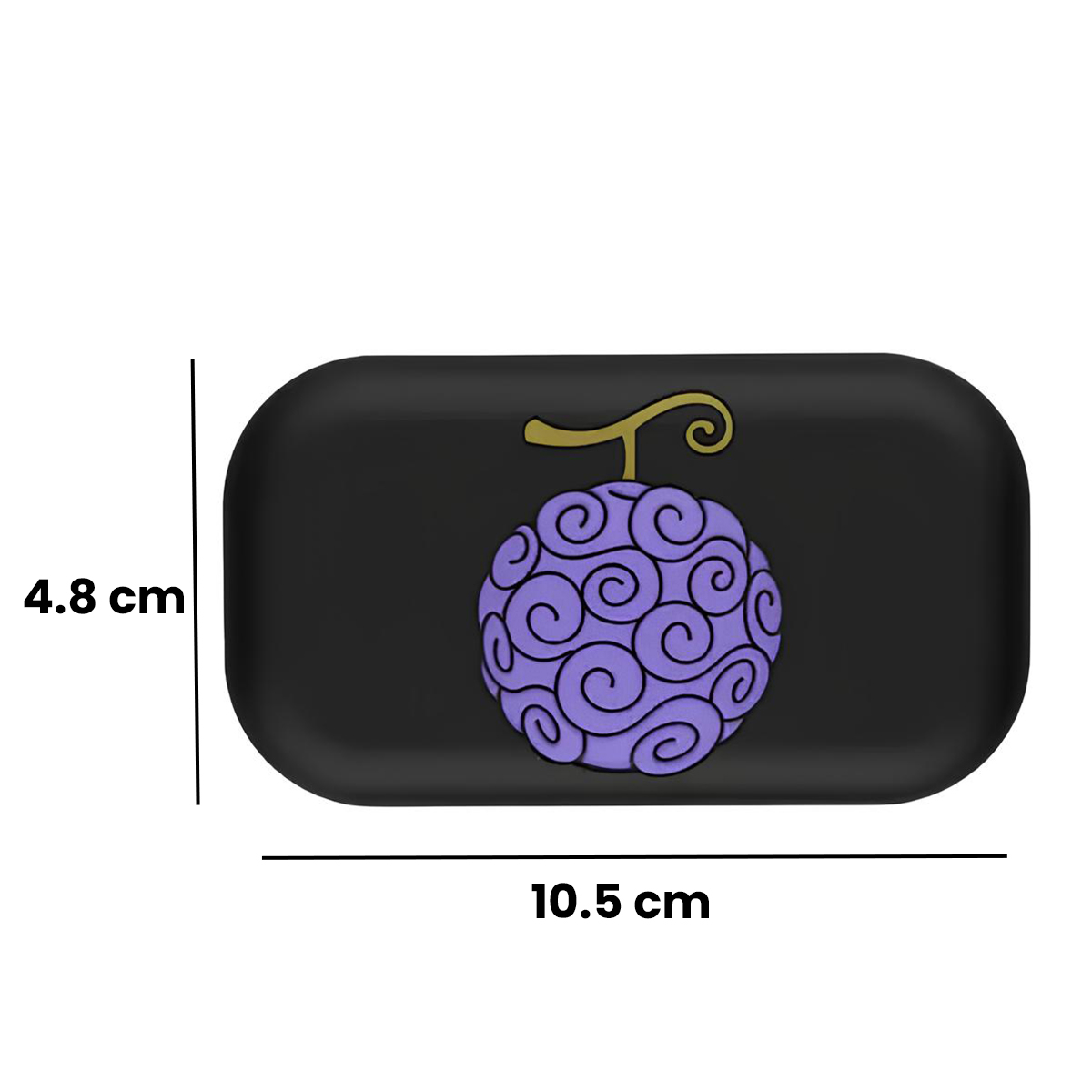 Schwarzes Rechteck mit lila Teufelsfrucht-Symbol und Maßen 4,8 cm und 10,5 cm.