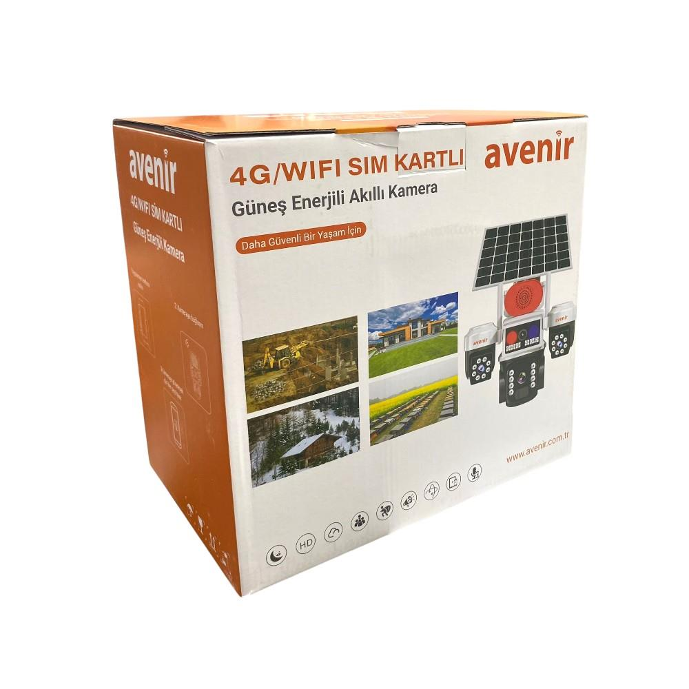 SIM kartlı 4G/WIFI güneş enerjili kamera kutusu, uygulama görselleri içerir.