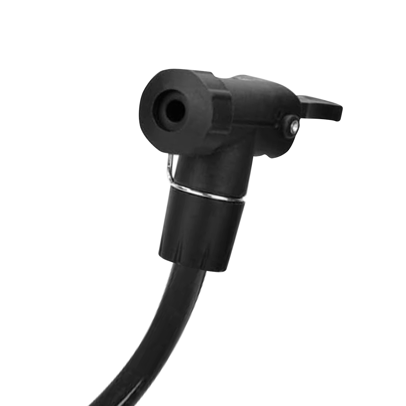 Schwarzer Fahrradpumpenkopf mit Schlauchanschluss, Nahaufnahme.