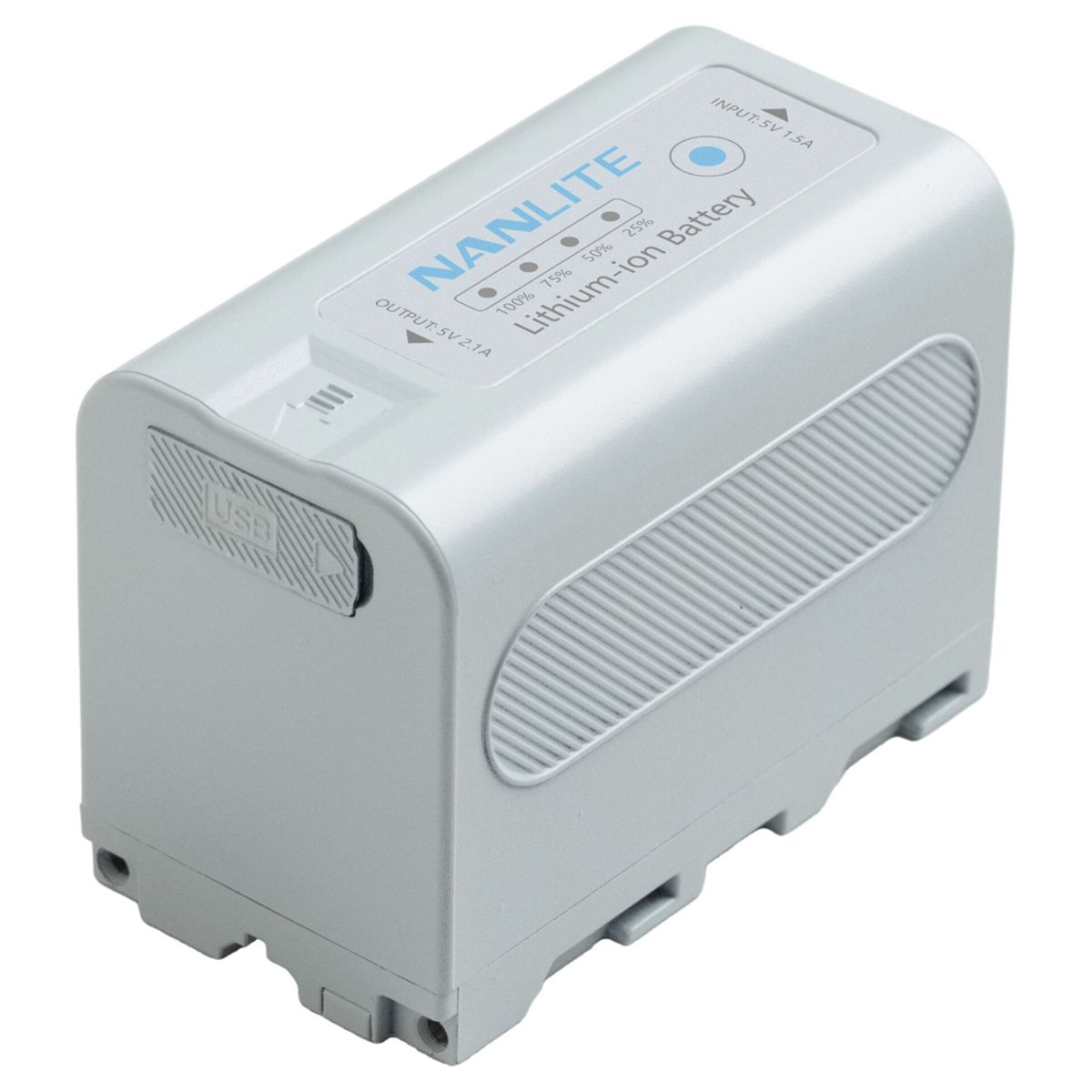 Batteria agli ioni di litio Nanlite grigia con porta USB e indicatori di carica.