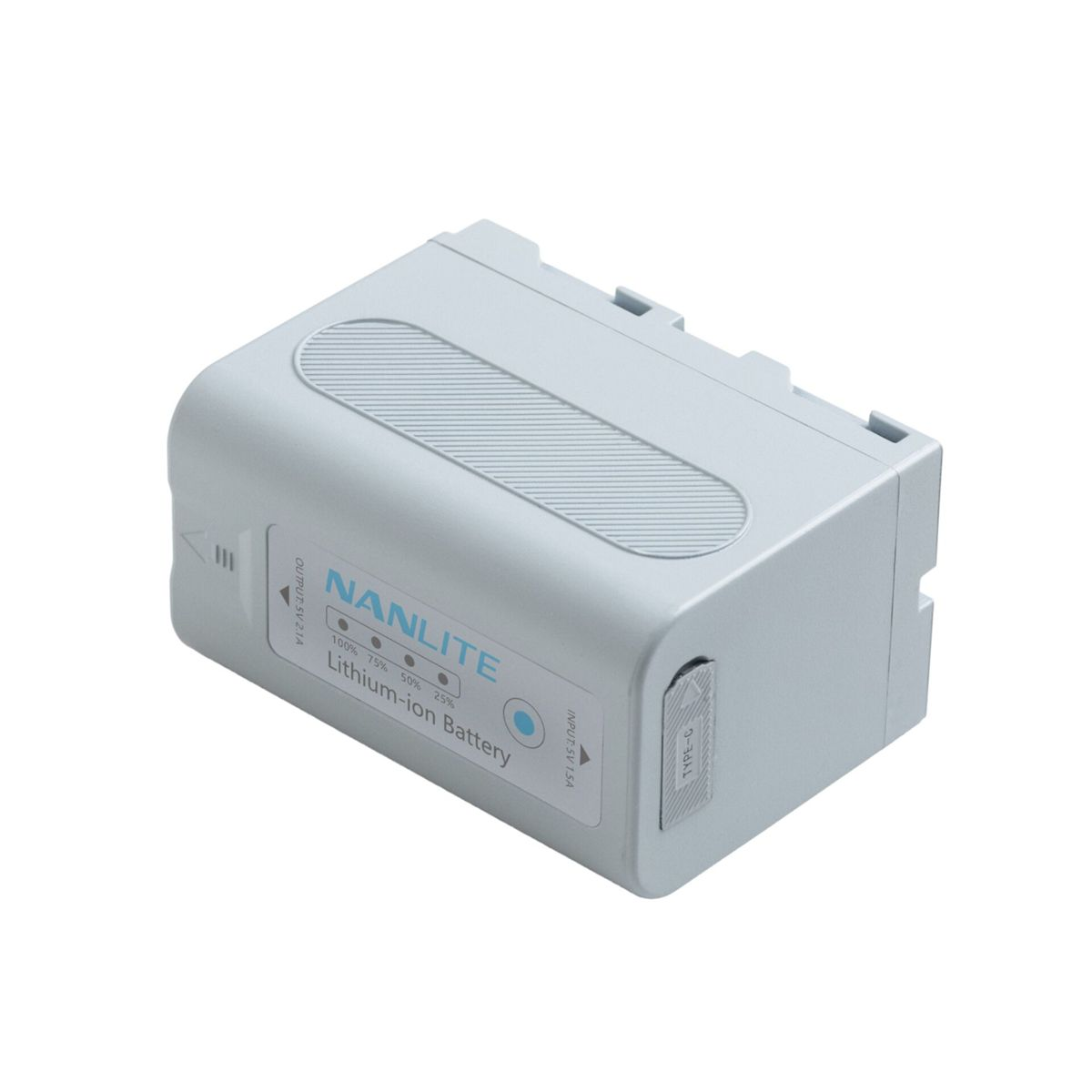 Una batteria grigia agli ioni di litio Nanlite con indicatore di carica e porta Type-C.