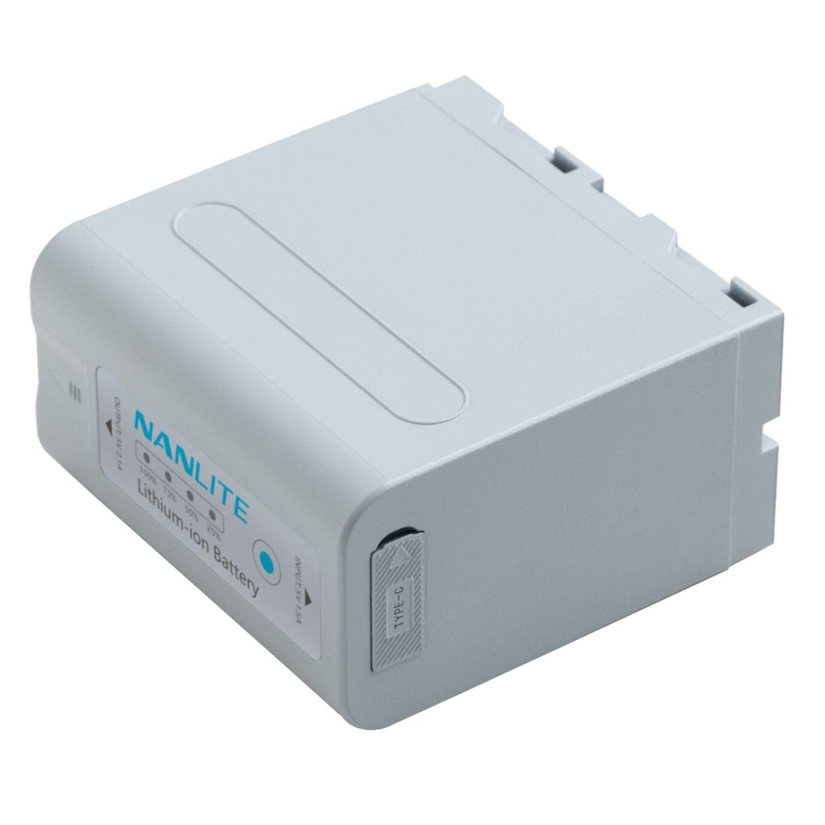 Batteria agli ioni di litio Nanlite grigia con indicatore di carica e porta Type-C.