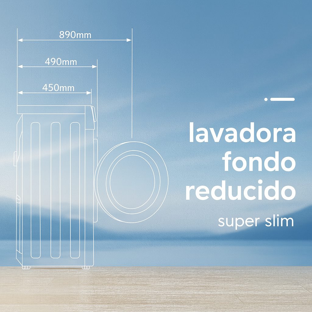 Ilustración de una lavadora delgada con dimensiones.