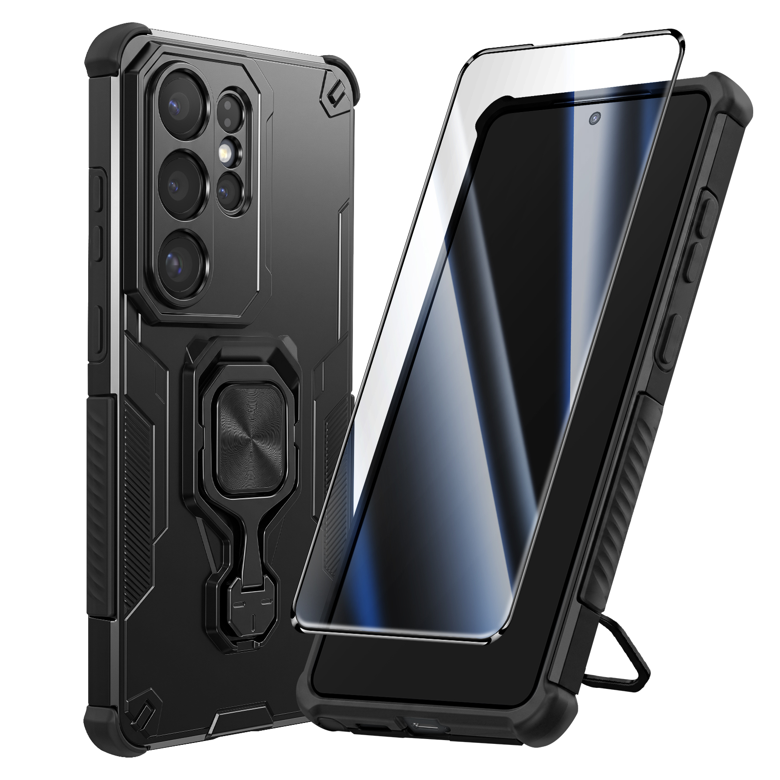 Coque de téléphone noire avec support bague et protection d'écran sur fond blanc.